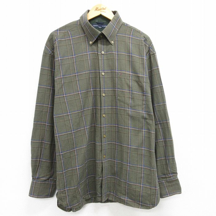 【50%OFF】トミーヒルフィガー 長袖シャツ ワンポイントロゴ グリーンチェック XL | 古着