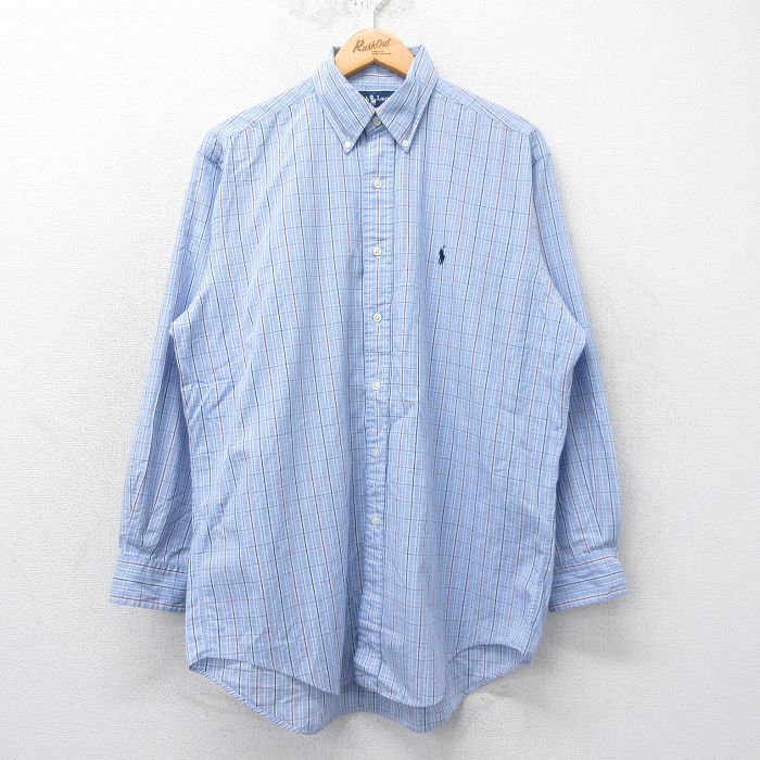 XL★古着 ラルフローレン Ralph Lauren 長袖 ブランド シャツ メンズ 90年代 90s YARMOUTH ワンポイントロゴ ロング丈 コットン ボタンダウン 薄紺他 ネイビー チェック 25mar19 中古 トップス