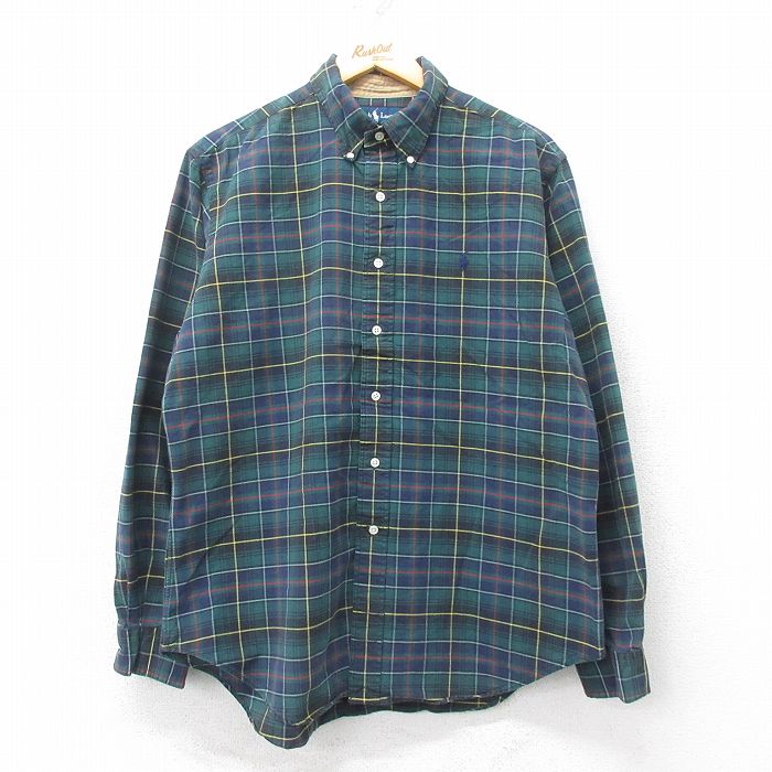 XL★古着 ラルフローレン Ralph Lauren 長袖 ブランド シャツ メンズ 90年代 90s ワンポイントロゴ 大きいサイズ コットン ボタンダウン 緑他 グリーン チェック 25mar19 中古 トップス