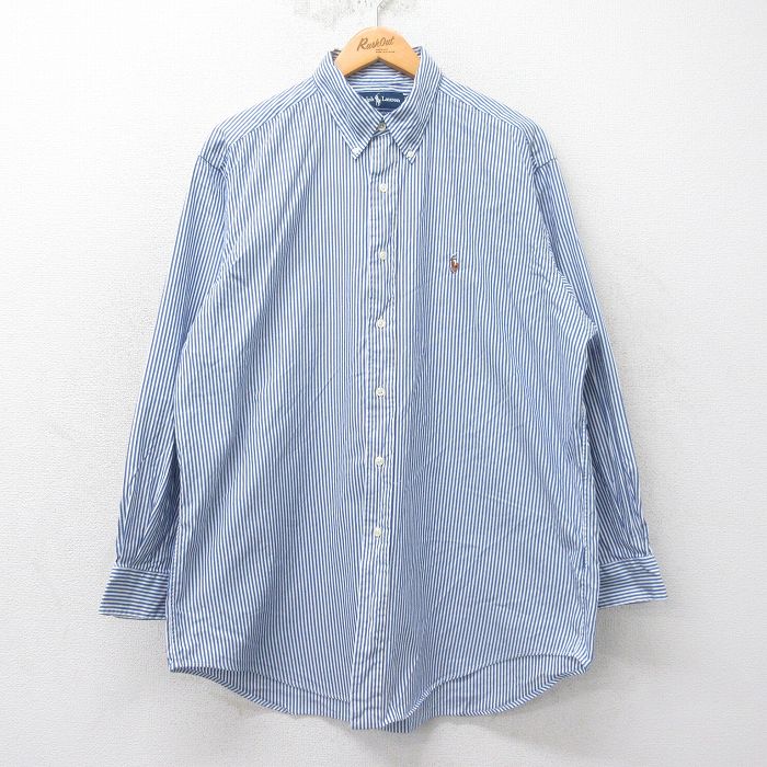 XL★古着 ラルフローレン Ralph Lauren 長袖 ブランド シャツ メンズ 90年代 90s YARMOUTH オックスフォード ワンポイントロゴ 大きいサイズ コットン ボタンダウン 薄紺他 ネイビー ストライプ 25mar19 中古 トップス