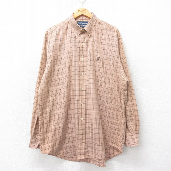 XL★古着 ラルフローレン Ralph Lauren 長袖 ブランド シャツ メンズ 90年代 90s BLAKE ワンポイントロゴ 大きいサイズ ロング丈 コットン ボタンダウン ベージュ他 カーキ チェック 25mar19 中古 トップス