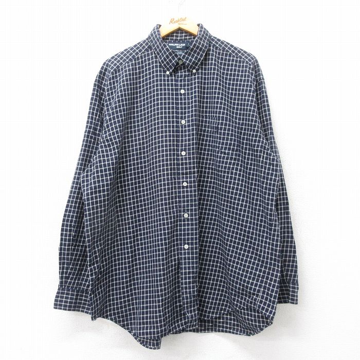 XL★古着 ラルフローレン Ralph Lauren ポロゴルフ 長袖 ブランド シャツ メンズ 90年代 90s TILDEN　ワンポイントロゴ 大きいサイズ ロング丈 コットン ボタンダウン 紺他 ネイビー チェック 25mar19 中古 トップス
