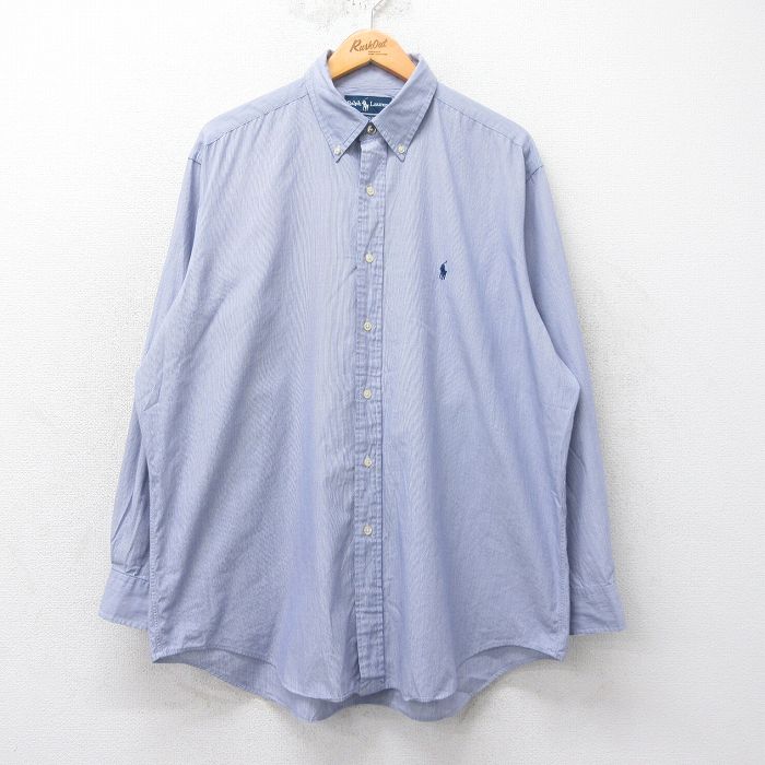 【20%OFF】XL★古着 ラルフローレン Ralph Lauren 長袖 ブランド シャツ メンズ 90年代 90s YARMOUTH ワンポイントロゴ 大きいサイズ コットン ボタンダウン 紺他 ネイビー ストライプ 25mar19 中古 トップス