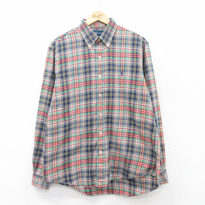 XL★古着 ラルフローレン Ralph Lauren 長袖 ブランド シャツ メンズ 90年代 90s ワンポイントロゴ コットン ボタンダウン 紺他 ネイビー チェック 25mar19 中古 トップス