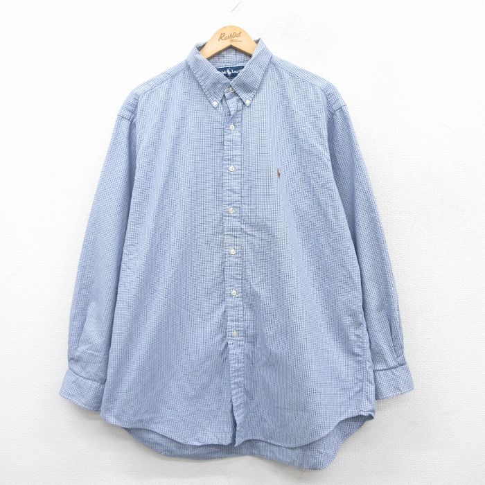 【50%OFF】XL★古着 ラルフローレン Ralph Lauren 長袖 ブランド シャツ メンズ 90年代 90s YARMOUTH オックスフォード ワンポイントロゴ 大きいサイズ ロング丈 コットン 紺他 ネイビー チェック 25mar19 中古 トップス