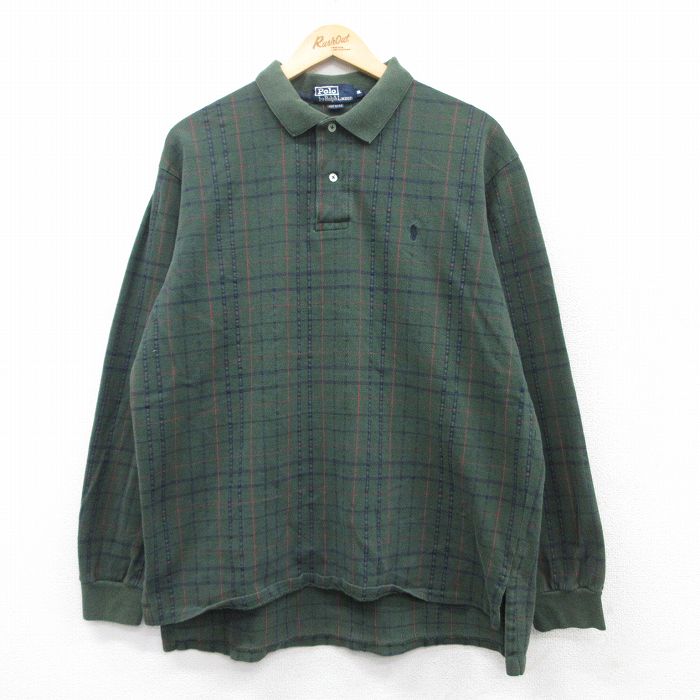 XL★古着 ラルフローレン Ralph Lauren 長袖 ブランド ポロ シャツ メンズ 90年代 90s ワンポイントロゴ コットン USA製 濃緑他 グリーン チェック 【spe】 25mar19 中古 トップス