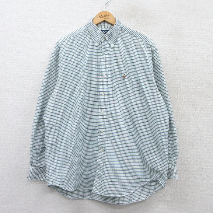 XL★古着 ラルフローレン Ralph Lauren 長袖 ブランド シャツ メンズ 90年代 90s BLAKE ワンポイントロゴ 大きいサイズ コットン ボタンダウン 白他 ホワイト チェック 25mar19 中古 トップス