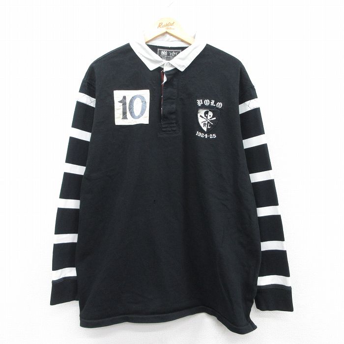 XL★古着 ラルフローレン Ralph Lauren 長袖 ブランド ラガー シャツ メンズ ワンポイントロゴ ドクロ 大きいサイズ 黒他 ブラック 25mar19 中古 トップス