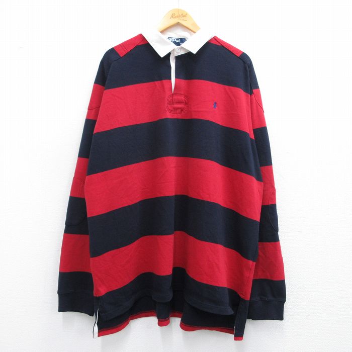 XL★古着 ラルフローレン Ralph Lauren 長袖 ブランド ラガー シャツ メンズ 90年代 90s ワンポイントロゴ 大きいサイズ コットン 赤他 レッド ボーダー 25mar21 中古 トップス