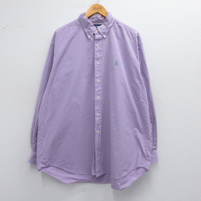XL★古着 ラルフローレン Ralph Lauren 長袖 ブランド シャツ メンズ 90年代 90s TILDEN ワンポイントロゴ 大きいサイズ コットン ボタンダウン 紫他 パープル チェック 25mar21 中古 トップス