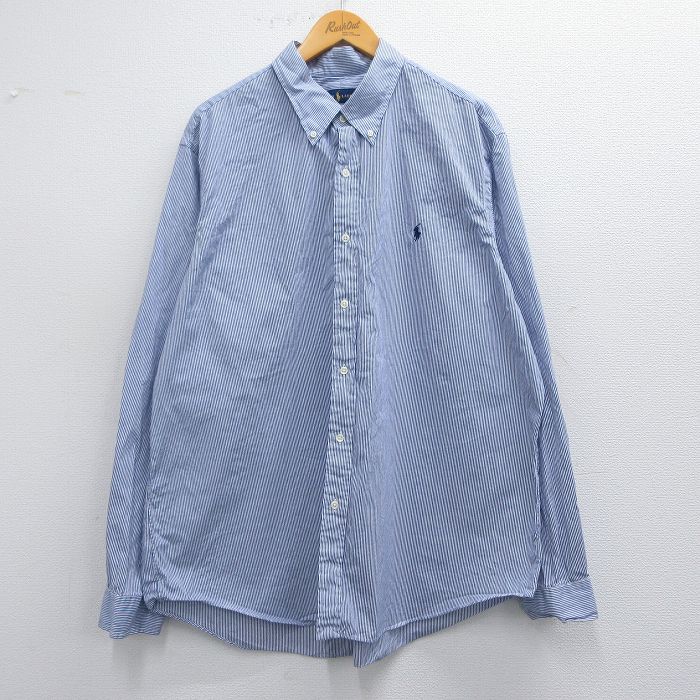 XL★古着 ラルフローレン Ralph Lauren 長袖 ブランド シャツ メンズ ワンポイントロゴ 大きいサイズ コットン ボタンダウン 青他 ブルー ストライプ 25mar21 中古 トップス