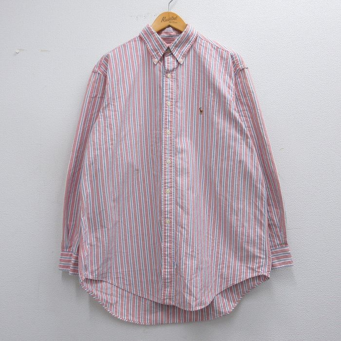 【50%OFF】XL★古着 ラルフローレン Ralph Lauren 長袖 ブランド シャツ メンズ 90年代 90s YARMOUTH コットン ボタンダウン 薄赤他 レッド チェック 25mar21 中古 トップス