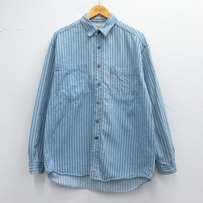 L★古着 リーバイス Levis 長袖 ブランド シャツ メンズ 00年代 00s コットン 薄紺 ネイビー デニム他 ストライプ 25mar21 中古 トップス