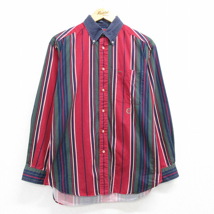 L★古着 トミーヒルフィガー TOMMY HILFIGER 長袖 ブランド シャツ メンズ 90年代 90s ワンポイントロゴ コットン ボタンダウン エンジ他 ストライプ 25mar21 中古 トップス