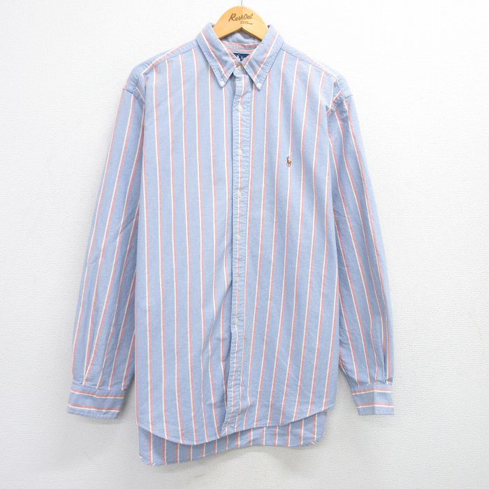 【50%OFF】XL★古着 ラルフローレン Ralph Lauren 長袖 ブランド シャツ メンズ 90年代 90s YARMOUTH ワンポイントロゴ オックスフォード ロング丈 コットン ボタンダウン 薄紺他 ネイビー ストライプ 25mar21 中古 トップス