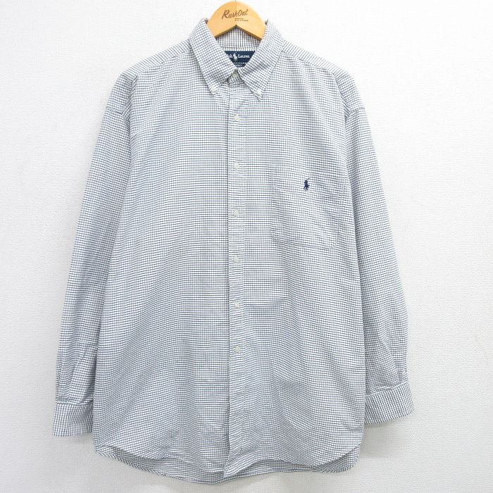 【20%OFF】XL★古着 ラルフローレン Ralph Lauren 長袖 ブランド シャツ メンズ 90年代 90s BIG SHIRT ワンポイントロゴ 大きいサイズ ロング丈 コットン ボタンダウン 白他 ホワイト チェック 【spe】 25mar21 中古 トップス