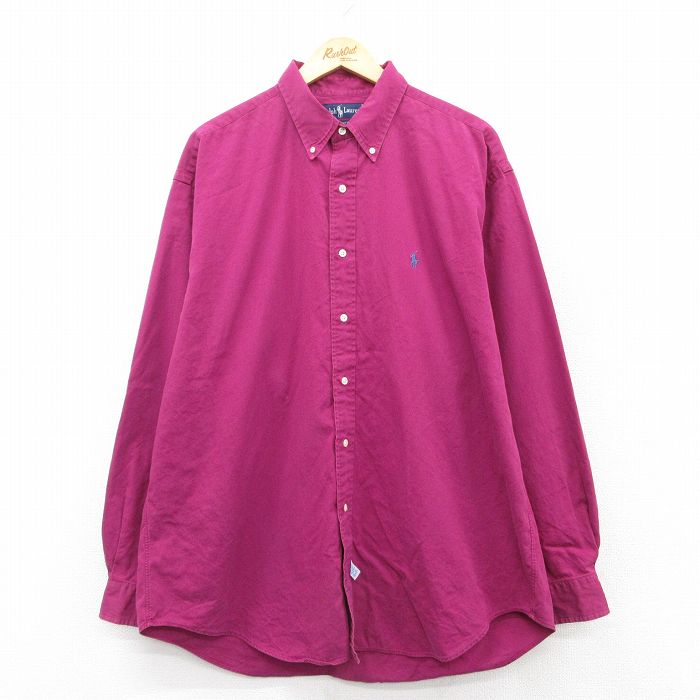 XL★古着 ラルフローレン Ralph Lauren 長袖 ブランド シャツ メンズ 90年代 90s ワンポイントロゴ 大きいサイズ ロング丈 コットン ボタンダウン 紫 パープル 25mar21 中古 トップス