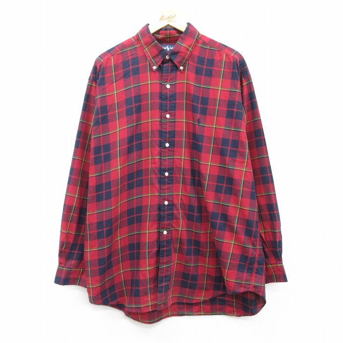 【50%OFF】XL★古着 ラルフローレン Ralph Lauren 長袖 ブランド シャツ メンズ 90年代 90s ワンポイントロゴ BLAKE 大きいサイズ ロング丈 コットン ボタンダウン 赤他 レッド チェック 【spe】 25mar21 中古 トップス