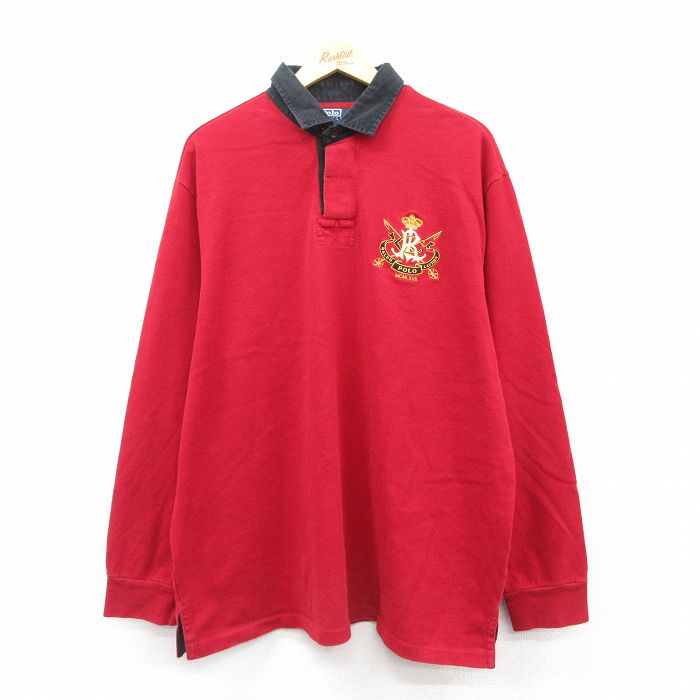 【50%OFF】XL★古着 ラルフローレン Ralph Lauren 長袖 ブランド ラガー シャツ メンズ 90年代 90s ワンポイントロゴ 大きいサイズ ロング丈 コットン 赤 レッド 25mar21 中古 トップス