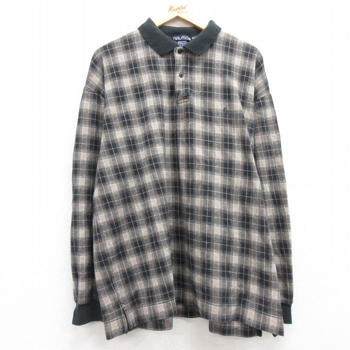 XL★古着 ノーティカ NAUTICA 長袖 ブランド ポロ シャツ メンズ 90年代 90s ワンポイントロゴ コットン 黒他 ブラック チェック 25mar21 中古 トップス