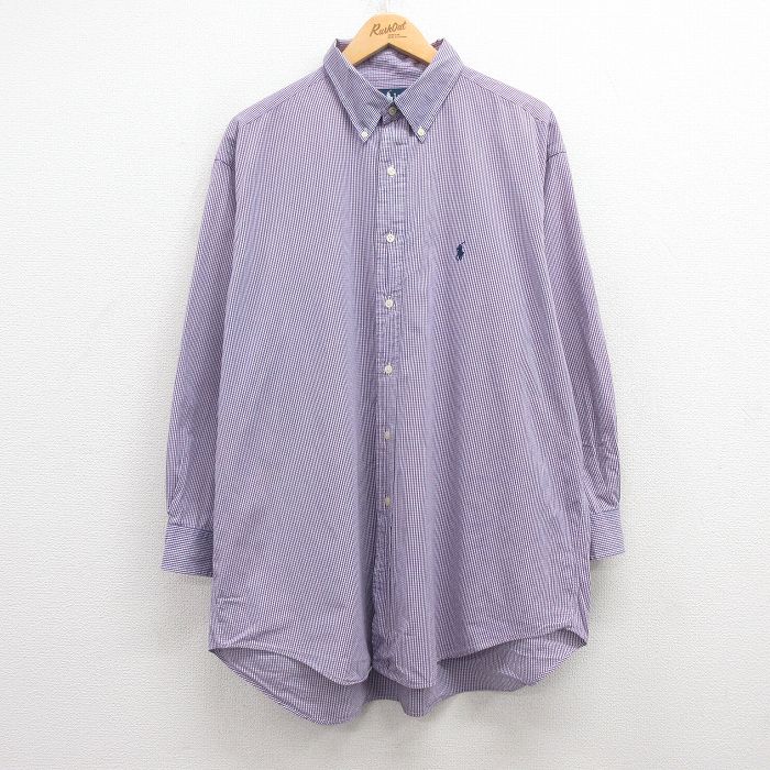 XL★古着 ラルフローレン Ralph Lauren 長袖 ブランド シャツ メンズ 90年代 90s ワンポイントロゴ YARMOUTH 大きいサイズ コットン ボタンダウン 紫他 パープル ギンガム チェック 25mar21 中古 トップス