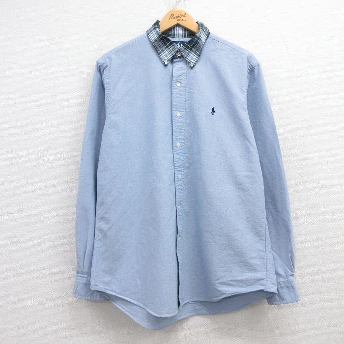 XL★古着 ラルフローレン Ralph Lauren 長袖 ブランド シャツ メンズ 90年代 90s ワンポイントロゴ オックスフォード コットン ボタンダウン 薄紺 ネイビー 25mar21 中古 トップス