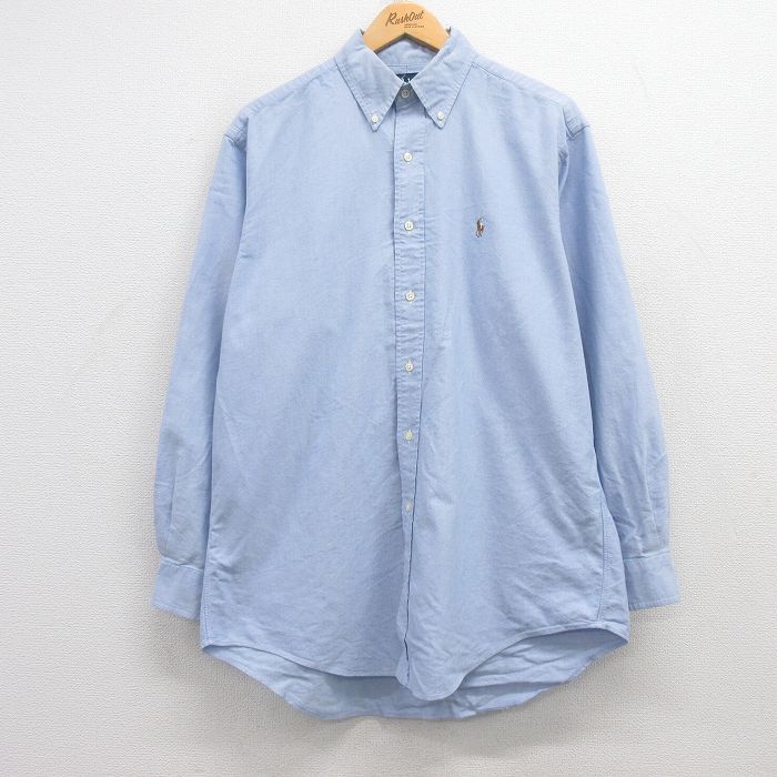 XL★古着 ラルフローレン Ralph Lauren 長袖 ブランド シャツ メンズ 90年代 90s ワンポイントロゴ YARMOUTH オックスフォード コットン ボタンダウン 薄紺 ネイビー 25mar21 中古 トップス