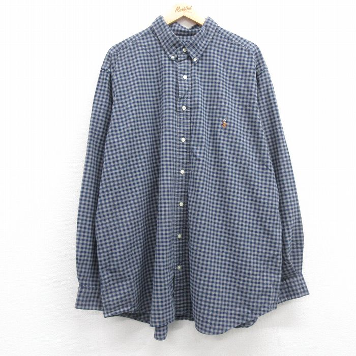 XL★古着 ラルフローレン Ralph Lauren 長袖 ブランド シャツ メンズ ワンポイントロゴ 大きいサイズ ロング丈 コットン ボタンダウン グレー他 ギンガム チェック 25mar21 中古 トップス