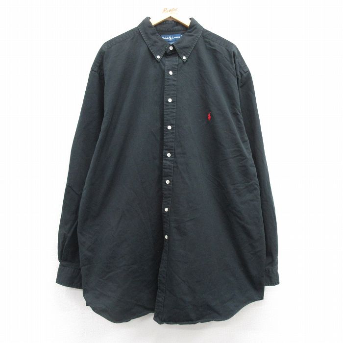XL★古着 ラルフローレン Ralph Lauren 長袖 ブランド シャツ メンズ 90年代 90s ワンポイントロゴ 大きいサイズ ロング丈 コットン ボタンダウン 黒 ブラック 25mar21 中古 トップス