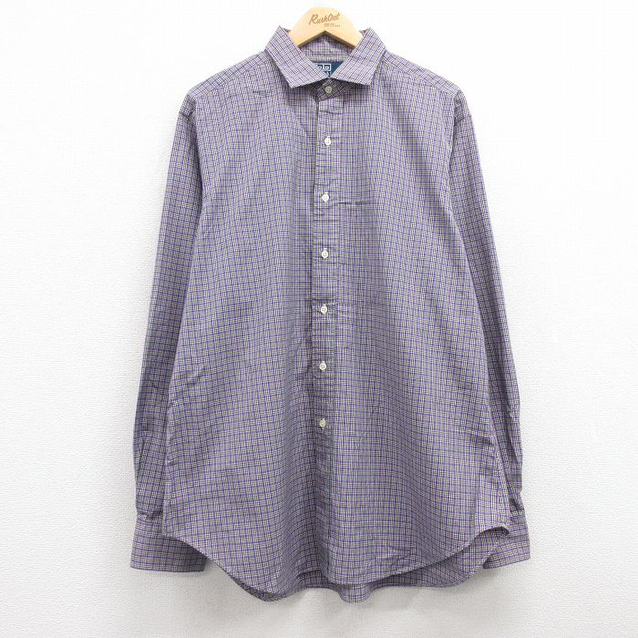XL★古着 ラルフローレン Ralph Lauren 長袖 ブランド シャツ メンズ 90年代 90s ESTATE 大きいサイズ ロング丈 コットン 紫他 パープル チェック 25mar21 中古 トップス