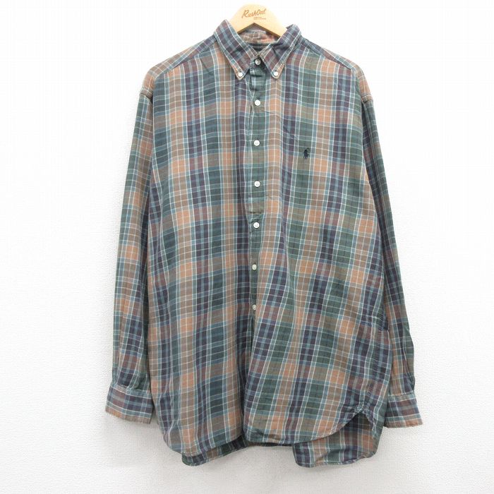 XL★古着 ラルフローレン Ralph Lauren 長袖 ブランド シャツ メンズ 90年代 90s ワンポイントロゴ MCMEEL 大きいサイズ コットン ボタンダウン 緑他 グリーン チェック 【spe】 25mar21 中古 トップス