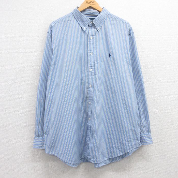 XL★古着 ラルフローレン Ralph Lauren 長袖 ブランド シャツ メンズ 90年代 90s ワンポイントロゴ 大きいサイズ コットン ボタンダウン 薄紺他 ネイビー ストライプ 25mar21 中古 トップス