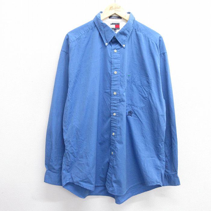 【50%OFF】XL★古着 トミーヒルフィガー TOMMY HILFIGER 長袖 ブランド シャツ メンズ 90年代 90s ワンポイントロゴ 大きいサイズ ロング丈 コットン ボタンダウン 薄紺 ネイビー 25mar21 中古 トップス