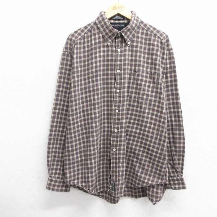 XL★古着 トミーヒルフィガー TOMMY HILFIGER 長袖 ブランド シャツ メンズ 大きいサイズ ロング丈 ボタンダウン ベージュ他 カーキ チェック 25mar21 中古 トップス