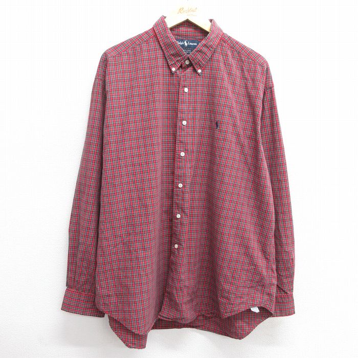 【50%OFF】XL★古着 ラルフローレン Ralph Lauren 長袖 ブランド シャツ メンズ 90年代 90s MARLOWE ワンポイントロゴ 大きいサイズ ロング丈 コットン ボタンダウン 赤他 レッド チェック 25mar21 中古 トップス