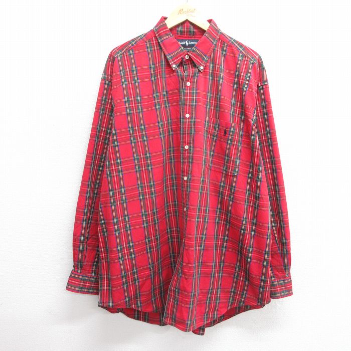 XL★古着 ラルフローレン Ralph Lauren 長袖 ブランド シャツ メンズ 90年代 90s BIG SHIRT ワンポイントロゴ 大きいサイズ ロング丈 コットン ボタンダウン 赤他 レッド チェック 【spe】 25mar21 中古 トップス