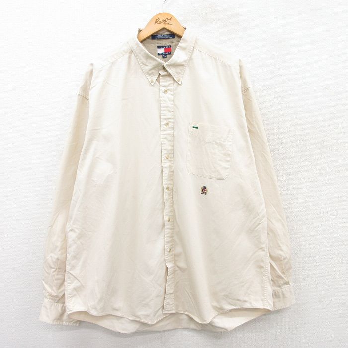 【50%OFF】XL★古着 トミーヒルフィガー TOMMY HILFIGER 長袖 ブランド シャツ メンズ 90年代 90s ワンポイントロゴ 大きいサイズ コットン ボタンダウン 薄ベージュ カーキ 25mar22 中古 トップス