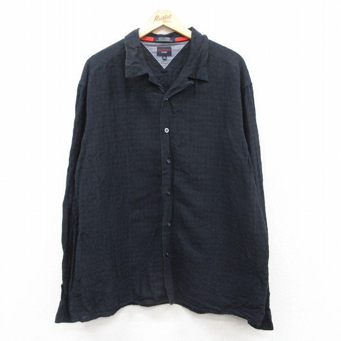XL★古着 トミーヒルフィガー TOMMY HILFIGER トミージーンズ 長袖 ブランド シャツ メンズ 大きいサイズ リネン 開襟 オープンカラー 黒 ブラック 【spe】 25mar22 中古 トップス