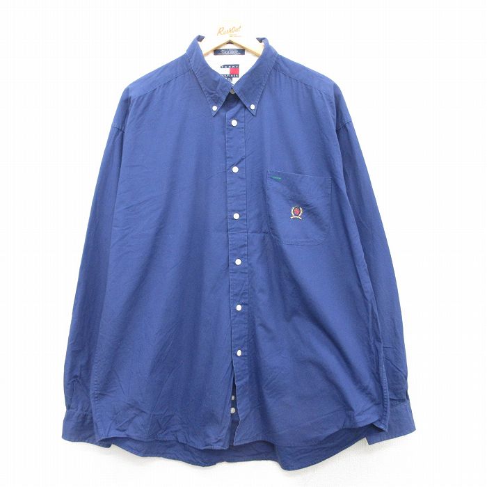 【50%OFF】XL★古着 トミーヒルフィガー TOMMY HILFIGER 長袖 ブランド シャツ メンズ 90年代 90s ワンポイントロゴ 大きいサイズ コットン ボタンダウン 青 ブルー 25mar22 中古 トップス