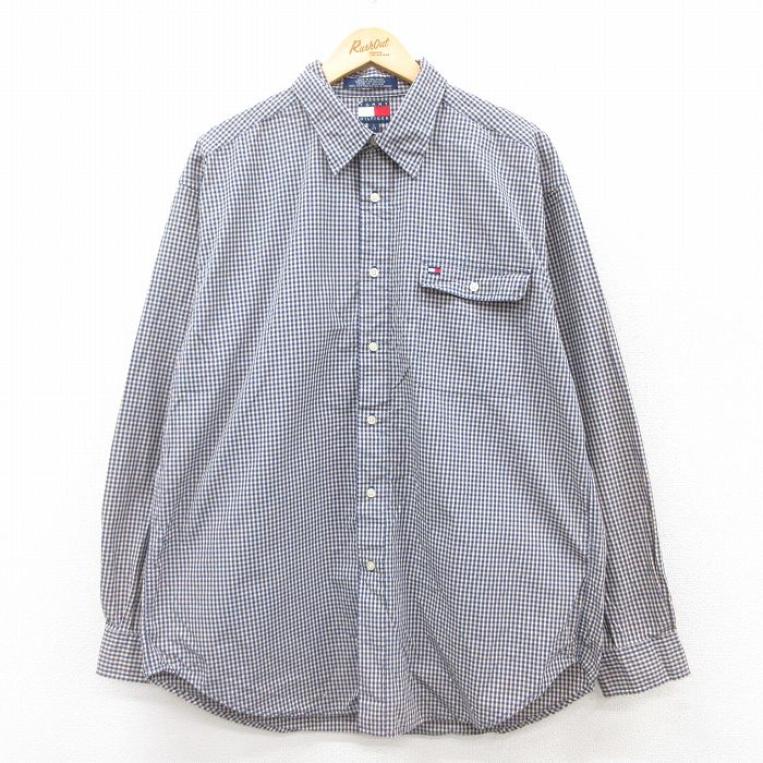XL★古着 トミーヒルフィガー TOMMY HILFIGER 長袖 ブランド シャツ メンズ 90年代 90s ワンポイントロゴ コットン 紺他 ネイビー チェック 25mar22 中古 トップス