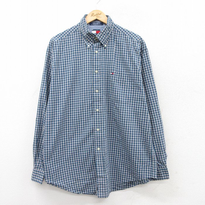 XL★古着 トミーヒルフィガー TOMMY HILFIGER 長袖 ブランド シャツ メンズ 90年代 90s ワンポイントロゴ コットン ボタンダウン 紺他 ネイビー チェック 25mar22 中古 トップス