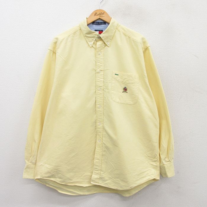 【50%OFF】XL★古着 トミーヒルフィガー TOMMY HILFIGER 長袖 ブランド シャツ メンズ 90年代 90s ワンポイントロゴ オックスフォード 大きいサイズ コットン ボタンダウン 黄 イエロー 25mar22 中古 トップス