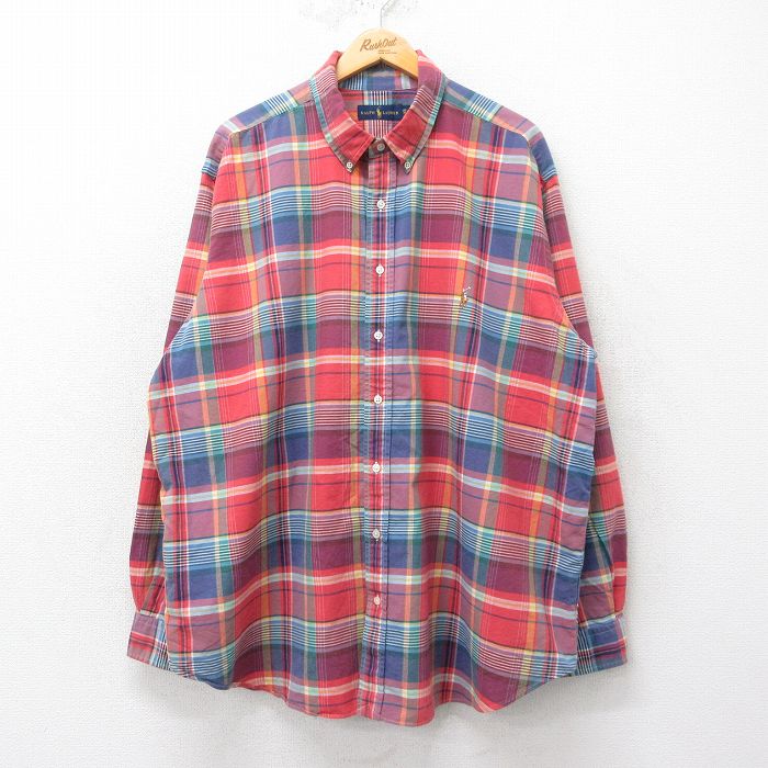 XL★古着 ラルフローレン Ralph Lauren 長袖 ブランド シャツ メンズ ワンポイントロゴ 大きいサイズ コットン ボタンダウン 赤系他 レッド チェック 25mar24 中古 トップス