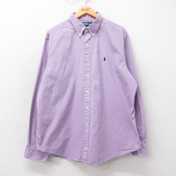 XL★古着 ラルフローレン Ralph Lauren 長袖 ブランド シャツ メンズ 90年代 90s ワンポイントロゴ 大きいサイズ コットン ボタンダウン 薄紫 パープル 25mar24 中古 トップス