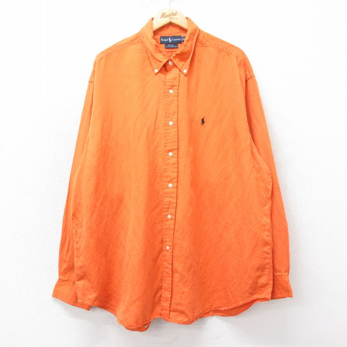XL★古着 ラルフローレン Ralph Lauren 長袖 ブランド シャツ メンズ 90年代 90s BLAKE ワンポイントロゴ 大きいサイズ シルク ボタンダウン オレンジ 【spe】 25mar24 中古 トップス