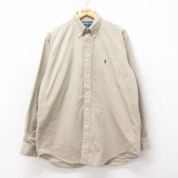 XL★古着 ラルフローレン Ralph Lauren 長袖 ブランド シャツ メンズ 90年代 90s BLAKE ワンポイントロゴ コットン ボタンダウン ベージュ カーキ 25mar24 中古 トップス