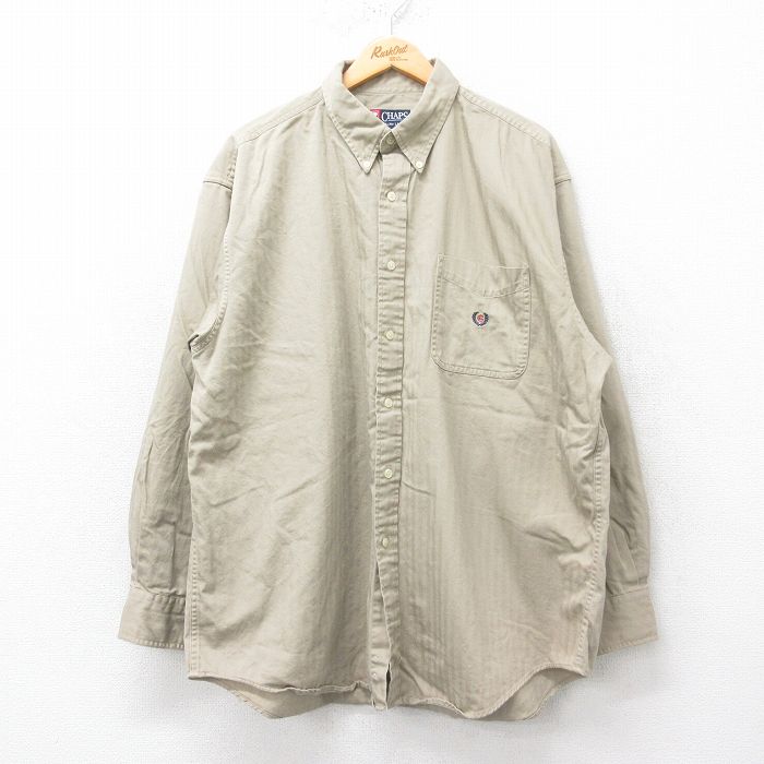 【20%OFF】XL★古着 ラルフローレン Ralph Lauren チャップス 長袖 ブランド シャツ メンズ 90年代 90s ワンポイントロゴ ヘリンボーン 大きいサイズ ロング丈 コットン ボタンダウン ベージュ カーキ 25mar24 中古 トップス