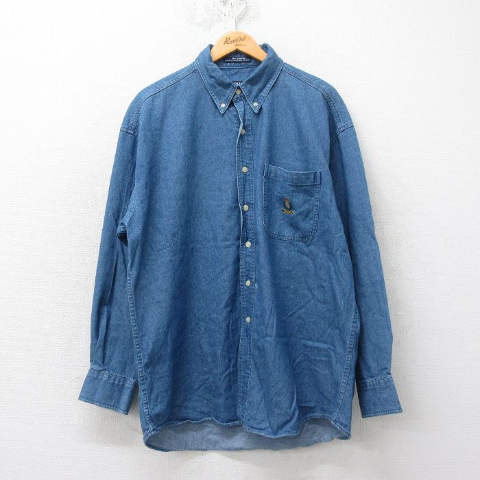 【20%OFF】XL★古着 ラルフローレン Ralph Lauren チャップス 長袖 ブランド シャツ メンズ 90年代 90s ワンポイントロゴ 大きいサイズ コットン ボタンダウン 紺 ネイビー デニム 25mar24 中古 トップス