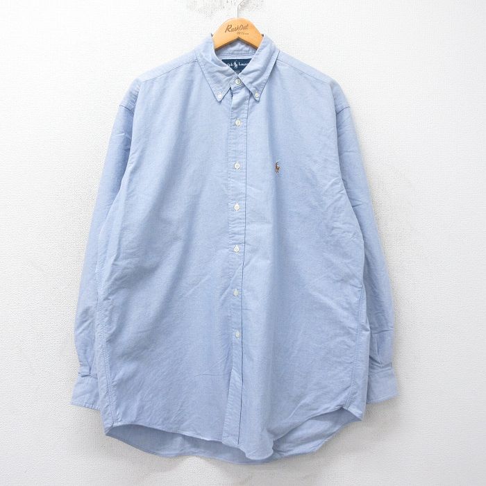 XL★古着 ラルフローレン Ralph Lauren 長袖 ブランド シャツ メンズ 90年代 90s BLAKE ワンポイントロゴ オックスフォード 大きいサイズ コットン ボタンダウン 薄紺 ネイビー 25mar24 中古 トップス