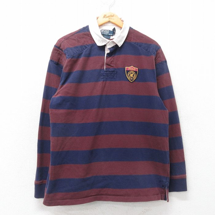 L★古着 ラルフローレン Ralph Lauren 長袖 ブランド ラガー シャツ メンズ ワンポイントロゴ コットン 紺他 ネイビー ボーダー 25mar24 中古 トップス